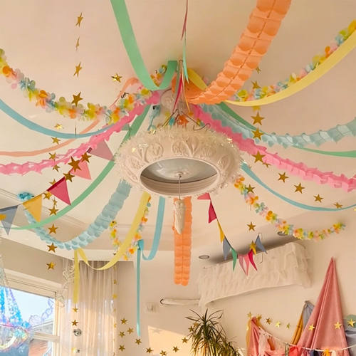 彩色拉花丝带生日派对装饰天花板生日装饰四叶草星星拉旗皱纹纸
