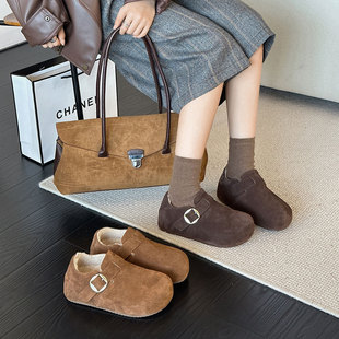 厚底内增高5cm全包勃肯鞋女冬加绒2025爆款一脚蹬乐福毛毛棉单鞋