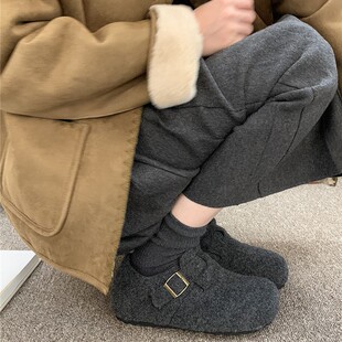 6CM内增高~加绒勃肯鞋女款冬季小个子棉鞋全包圆头灰色厚底毛毛鞋