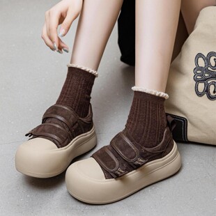 丑萌大头魔术贴面包泡芙小白鞋 女2025冬新款 复古真皮加绒休闲板鞋