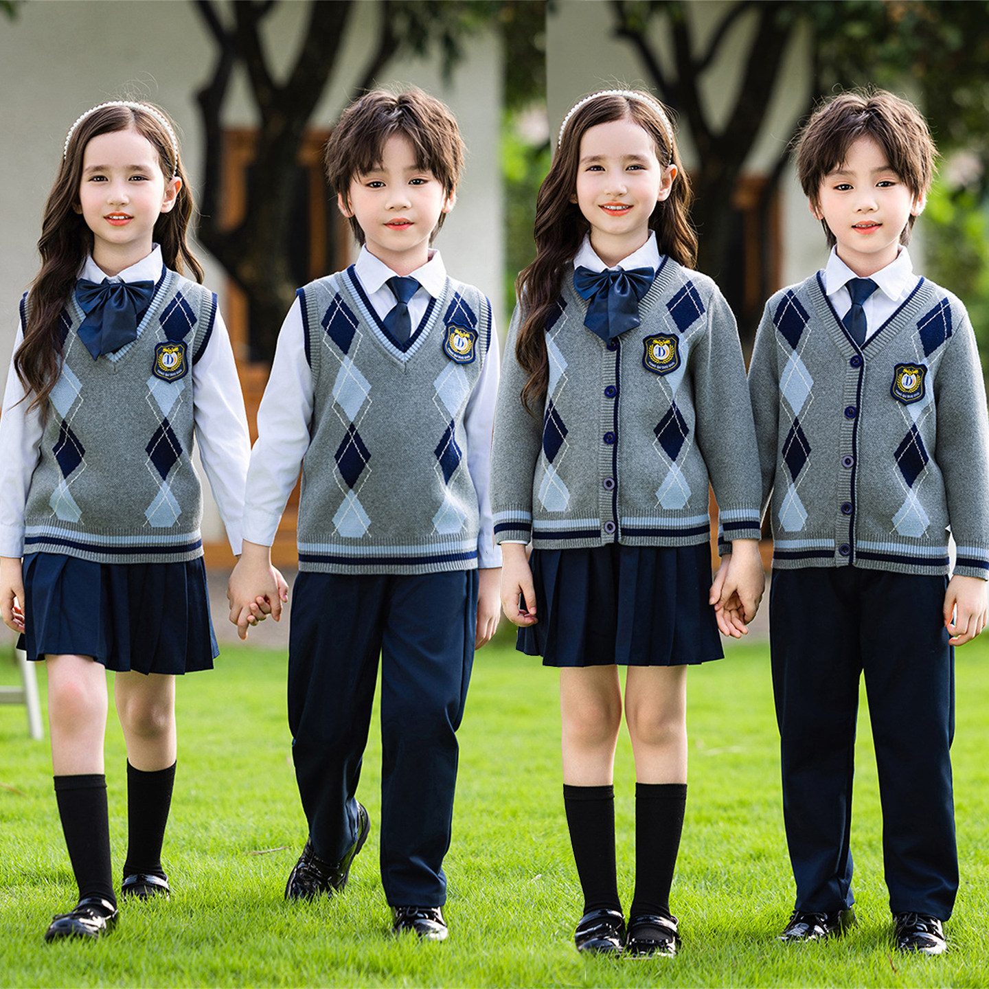 儿童春秋款针织毛衣开衫小学生班服英伦风演出服马甲四件套幼儿园