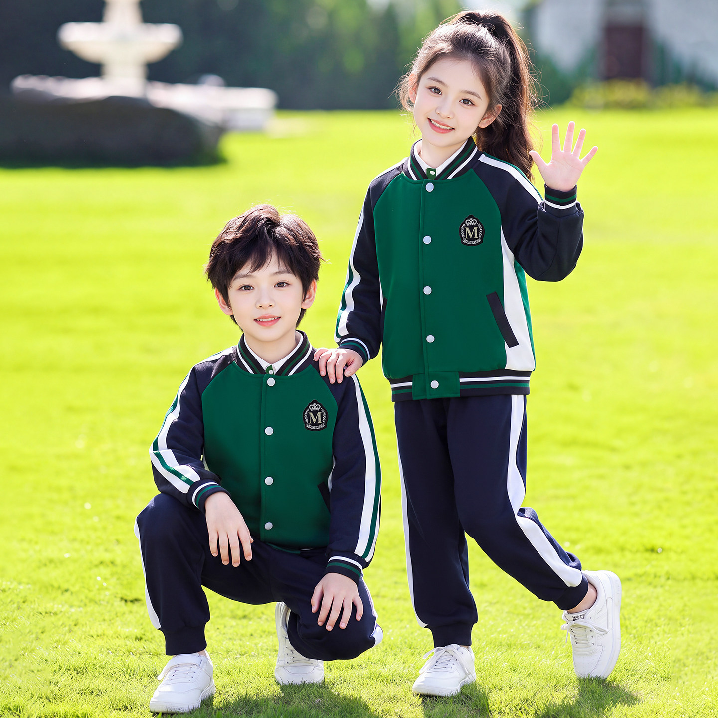 小学生校服团体服秋冬季三件套装绿色班服运动会学院风幼儿园园服