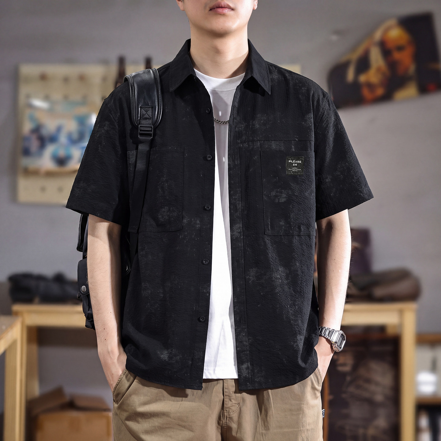 扎染提花翻领拼接工装短袖衬衫男2026夏季新款高级感痞帅半袖上衣