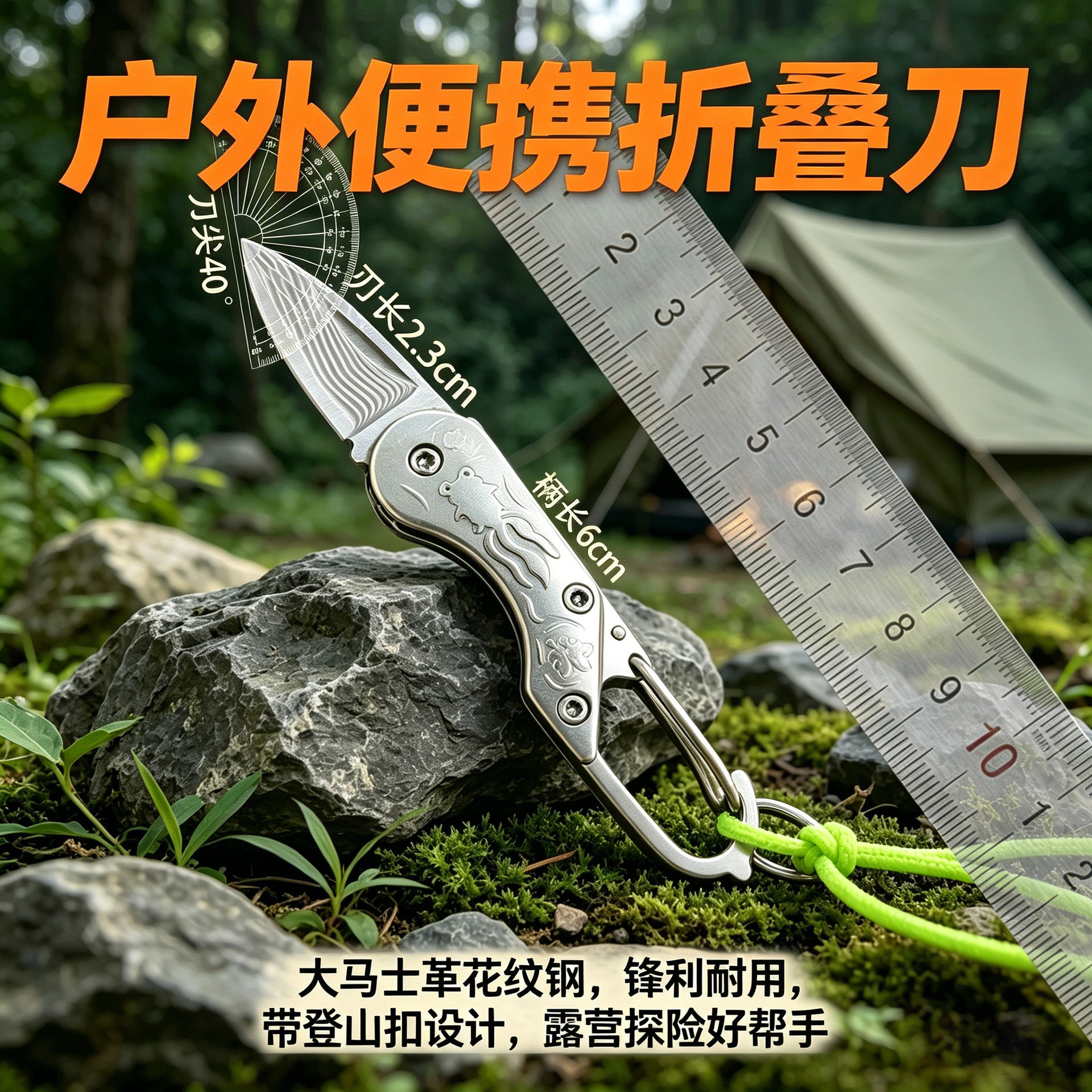 户外小刀随身刀具大马士革花纹防身钓鱼刀开刃水果刀高硬度钢刀