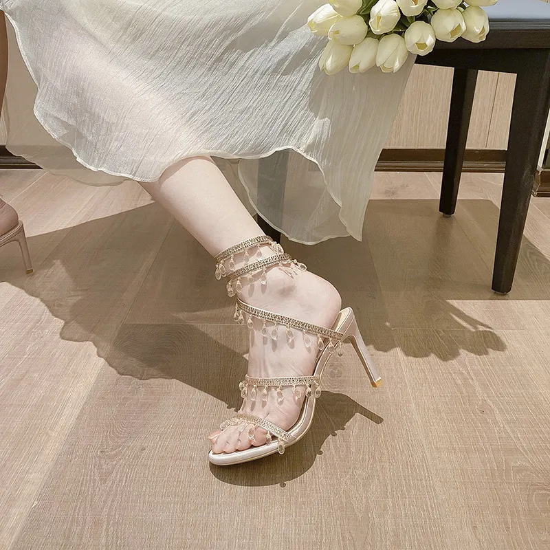 L-108蛇形缠绕水晶吊坠水钻法式欧美一字带高跟鞋 凉鞋女百搭夏季
