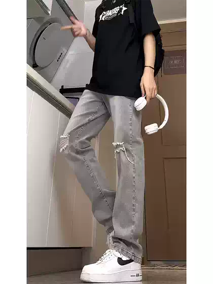 Smoke Gray Ripped Jeans for Men, Summer Thin Style, American High Street Cleanfit Pants, Slim Fit Straight Leg, Slightly Flared Pants