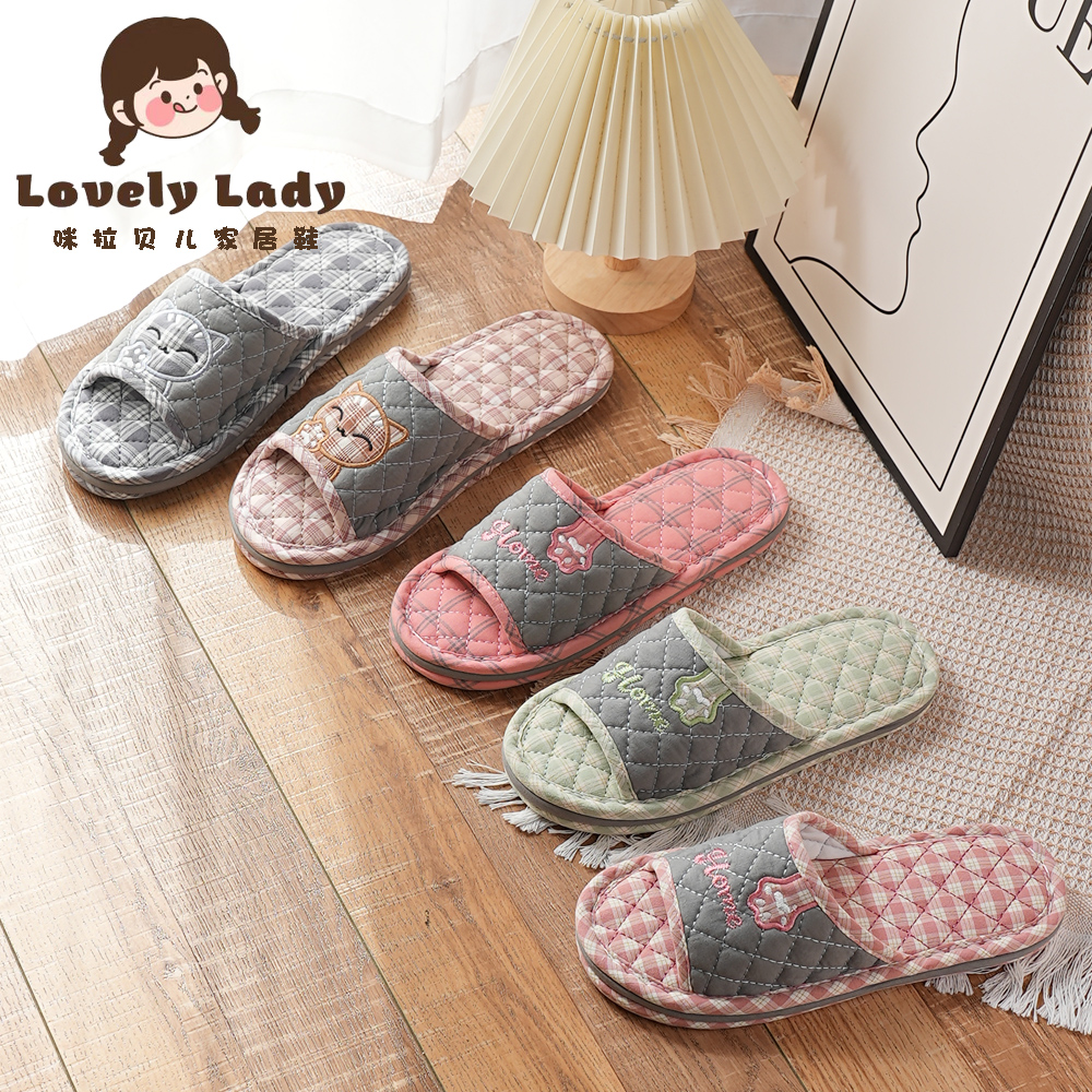 纯棉布艺三层布底家居地板拖鞋