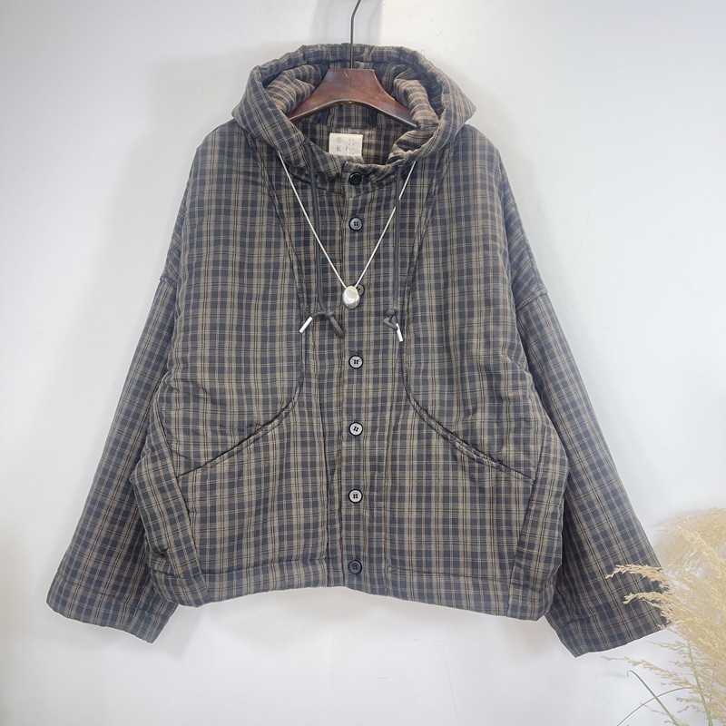 雪蓝杉女通勤格子连帽保暖棉服