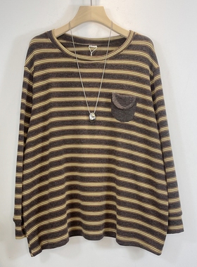 复古条纹风长袖T恤女宽松显瘦口袋装饰百搭针织衫上衣