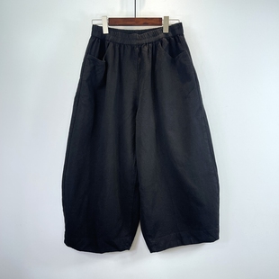 休闲百搭长裤 女宽松大码 子 亚麻松紧腰直筒裤 春秋新款