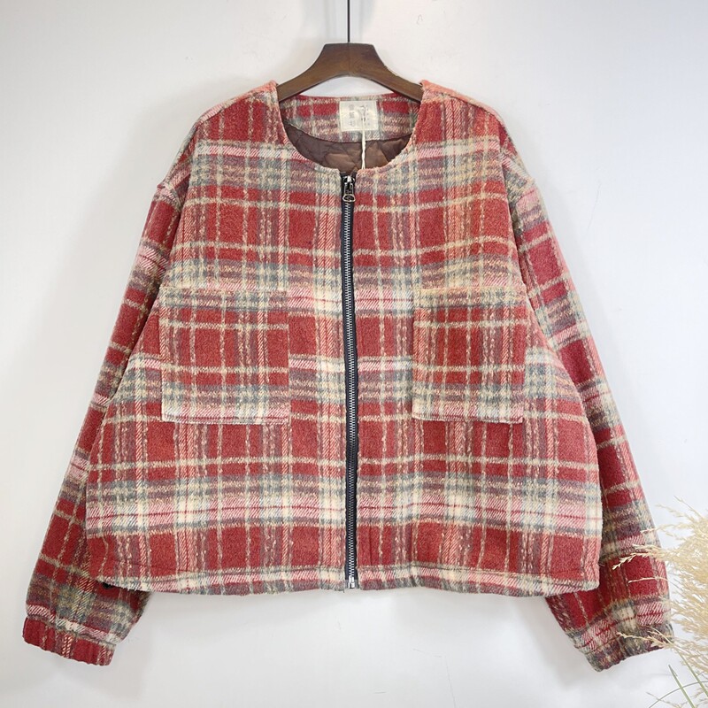 雪蓝杉复古格纹短款毛呢棉服女