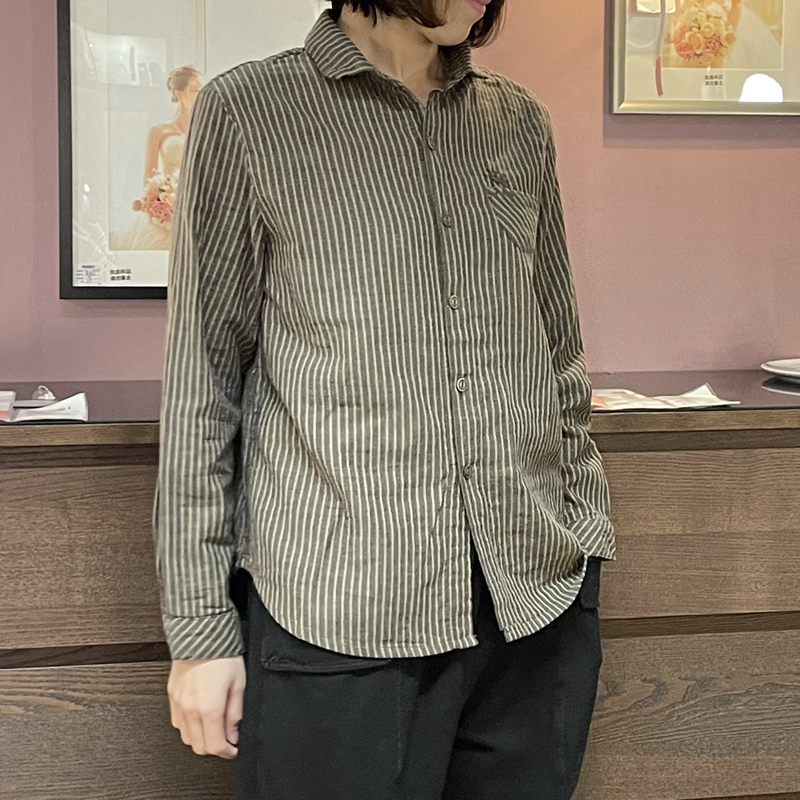 条纹棉麻上衣文艺款棉麻宽松女