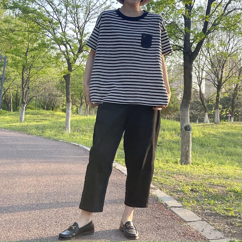 雪蓝杉大码黑白条纹t恤女短袖