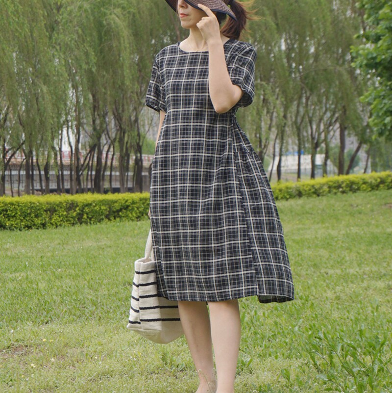 雪蓝杉宽松文艺连衣裙女高端抽绳