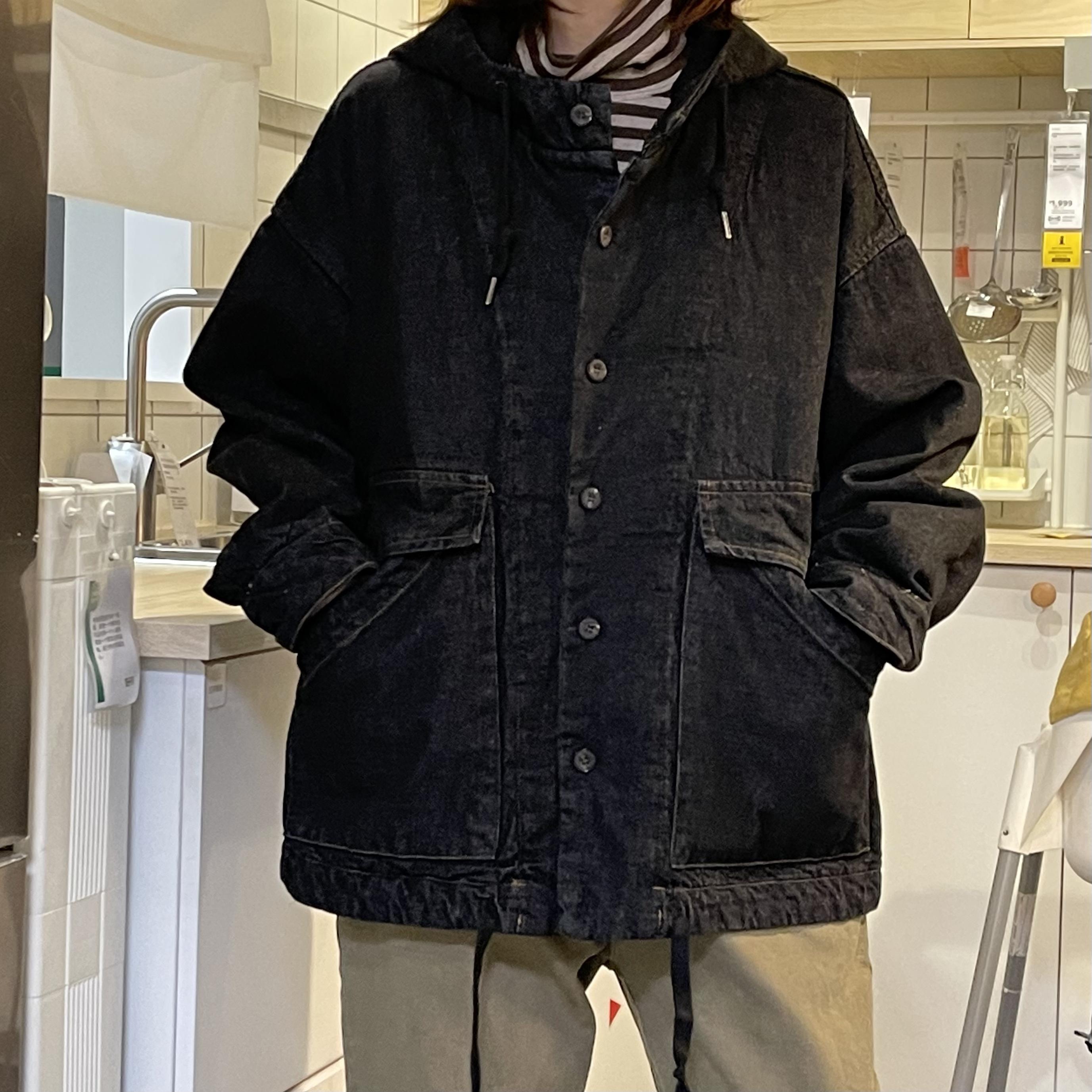 宽松大码简约纯色夹棉连帽外套