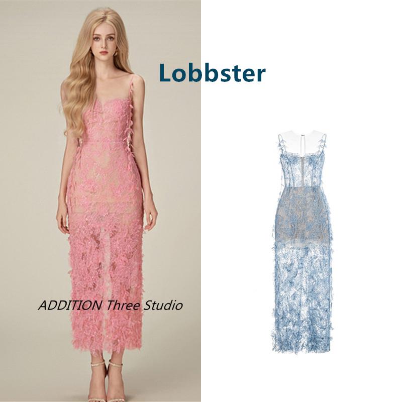 折扣 Lobbster 24新款重工串珠蕾丝飘带高腰修身中长款吊带连衣裙