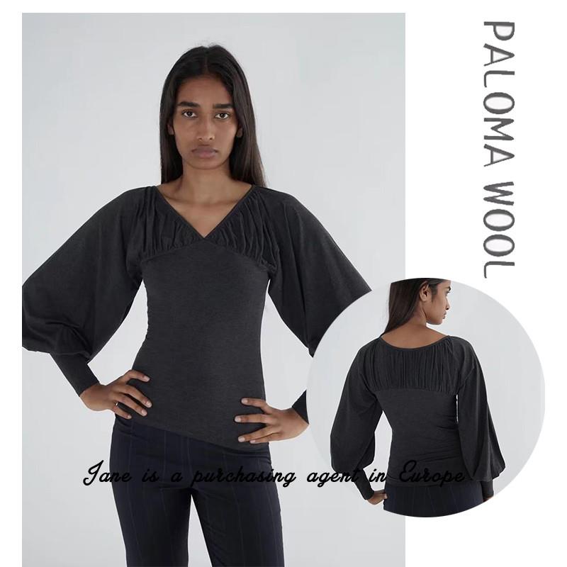 国现 西班牙直邮 PALOMA WOOL 25V领褶皱花苞修身灯笼长袖上衣T恤