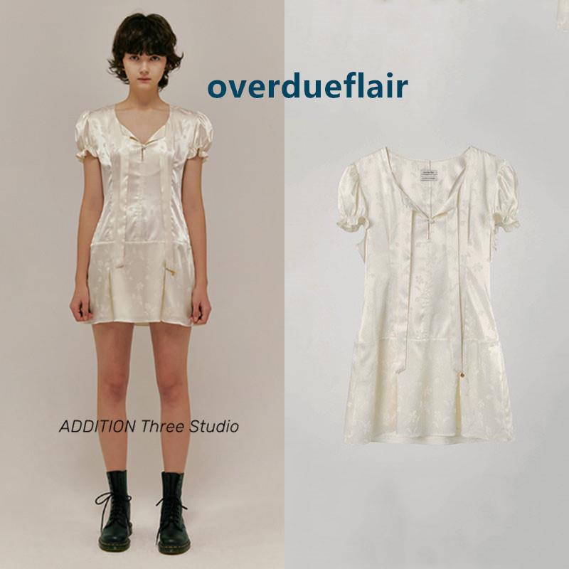 正品现货overdueflair 夏款复古提花V领系带泡泡袖短款收腰连衣裙