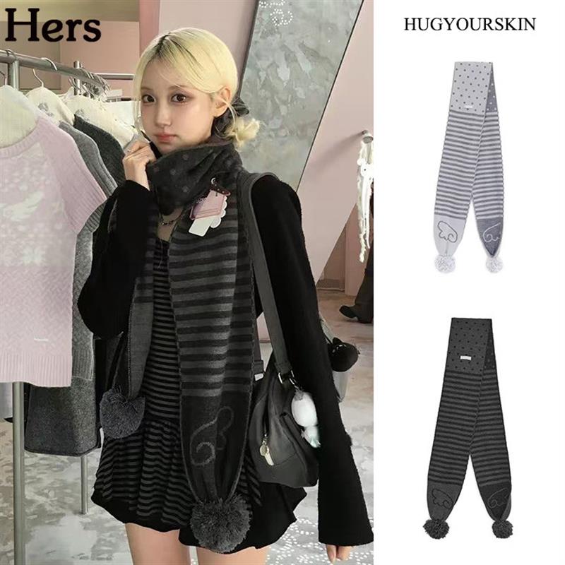正品韩国HUGYOURSKIN 天使翅膀波点条纹毛球针织围巾女