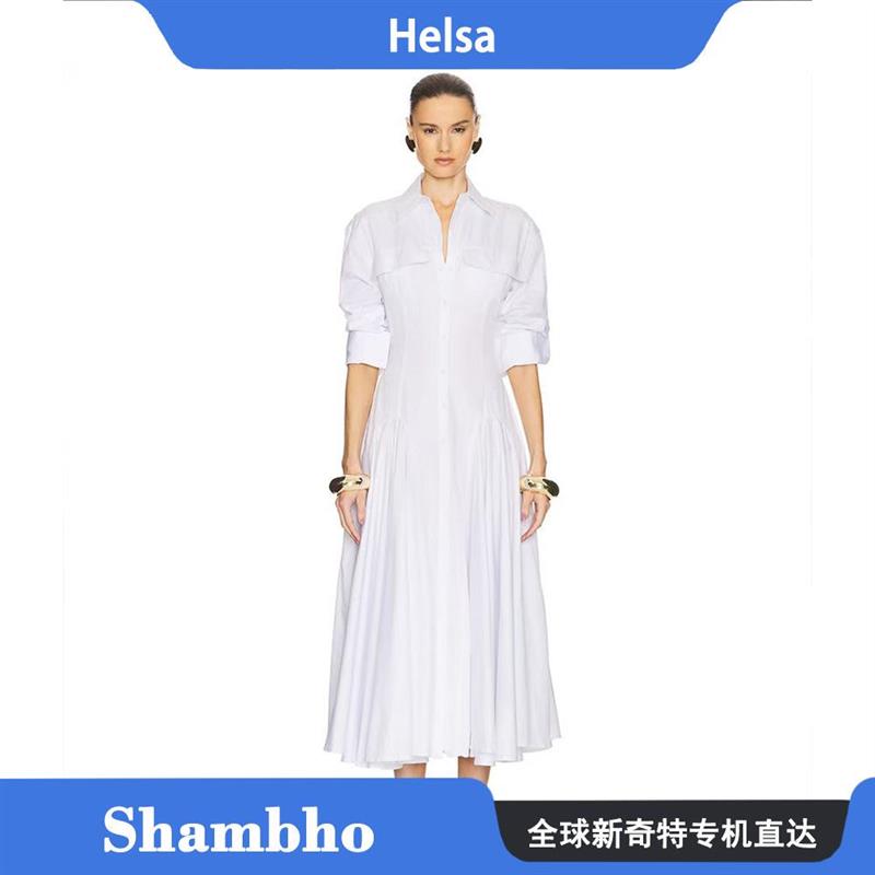 Shambho正品Helsa 纯色elsahosk同款复古收腰气质衬衫连衣裙