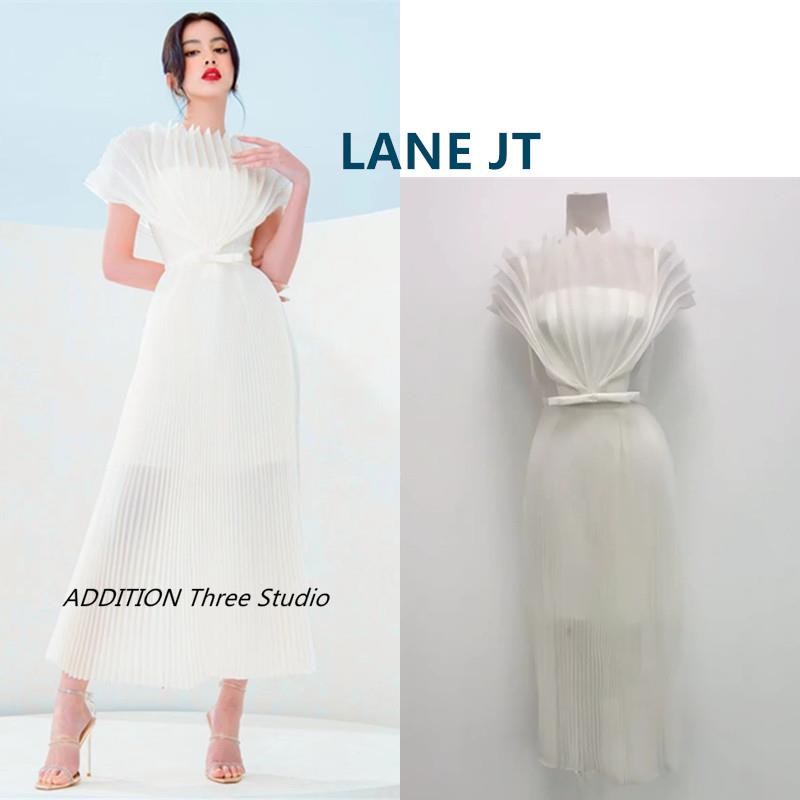 折扣越南小众 LANE JT 气质百褶立体扇形收腰蝴蝶结长款连衣裙女