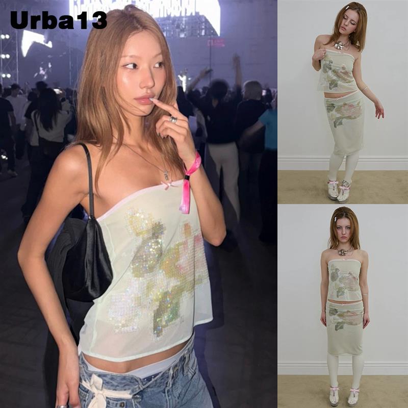 Urba13买手店正品现货SCULPTOR亮片睡莲网纱抹胸上衣半身裙套装