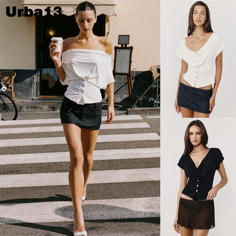 Urba13买手店现货正品With Jean上衣垂折领一字肩两穿T恤收腰短袖