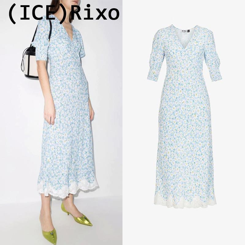 Ice买手店正品RIXO洋装23年春夏新款法式V领碎花小雏菊收腰长裙