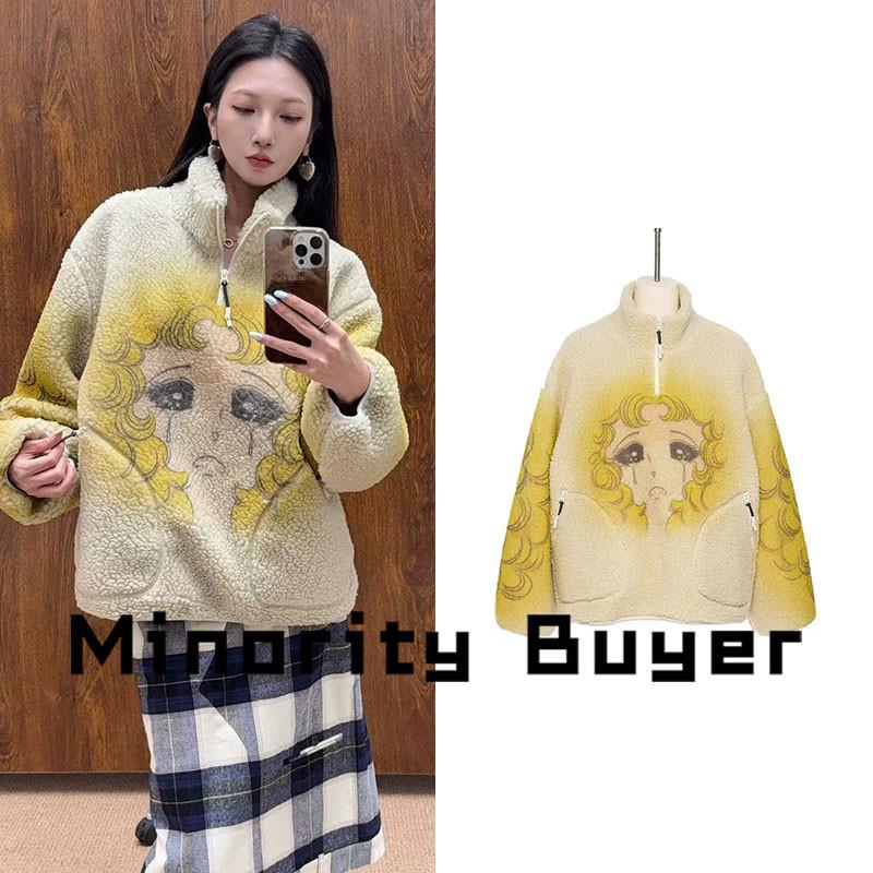 现货 买手店 pushBUTTON 宽松立领时尚减龄哭泣女孩羊羔毛卫衣