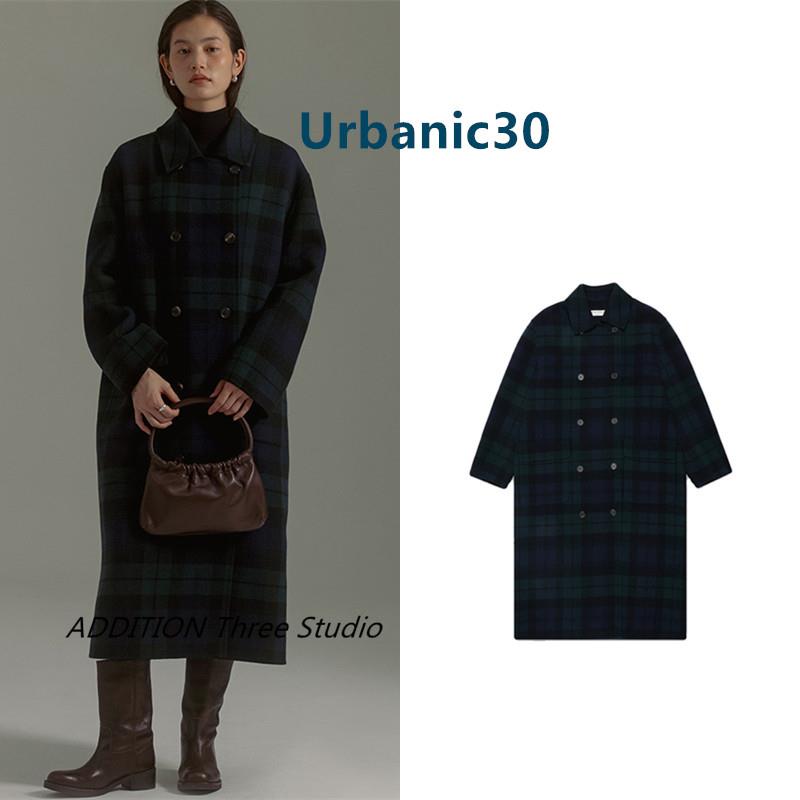 正品 Urbanic30 23秋冬款宽松翻领格子双排扣中长款毛呢大衣外套