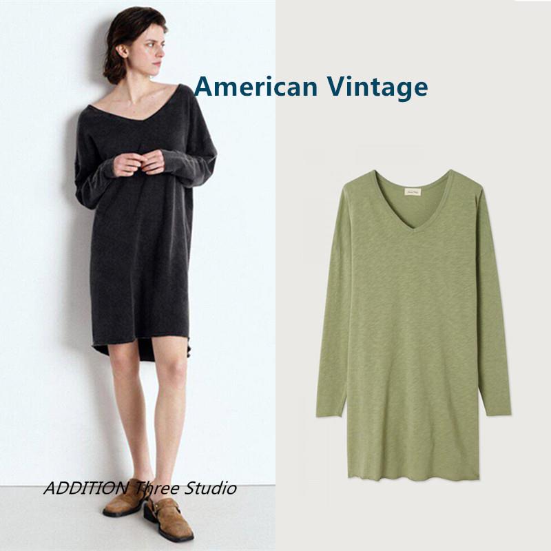 正品 American Vintage 26春季新款慵懒宽松休闲V领长袖T恤连衣裙
