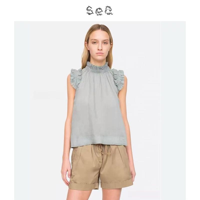 Sea New York 新款复古亚麻风高领荷叶边无袖衬衫女