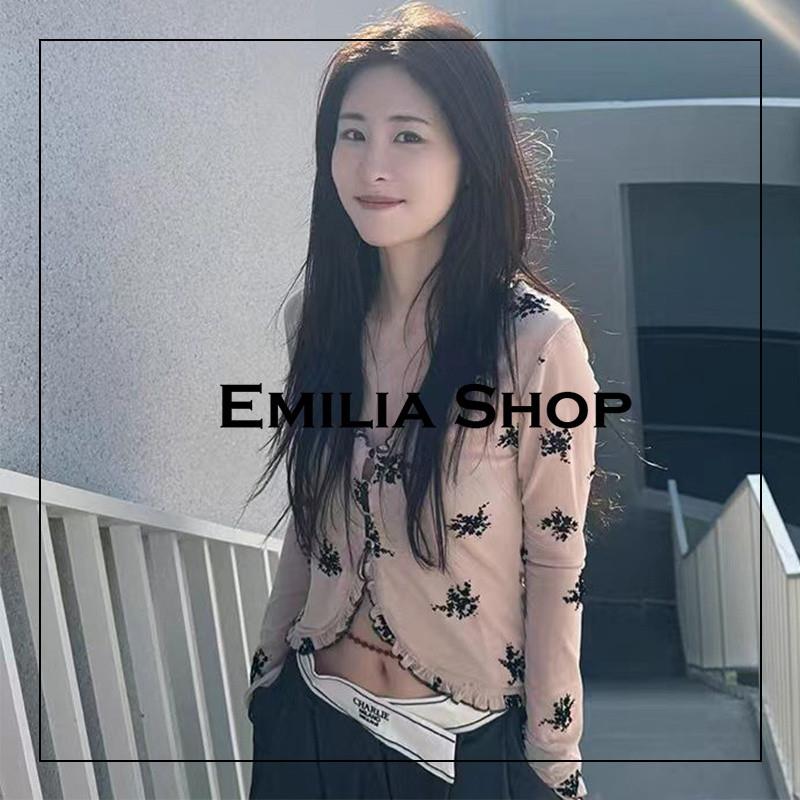 买手店折扣现货Motelrocks上衣张碧晨同款复古印花V领喇叭袖T恤女