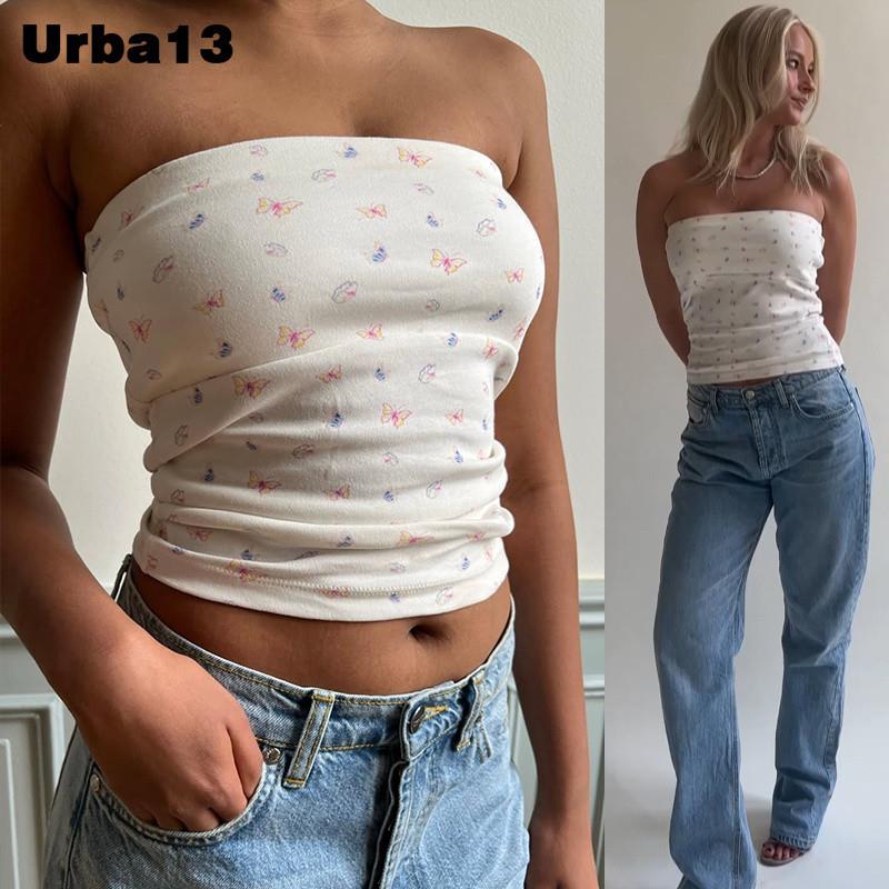 Urba13正品Djerf Avenue抹胸ins博主同款蝴蝶碎花草莓无袖上衣