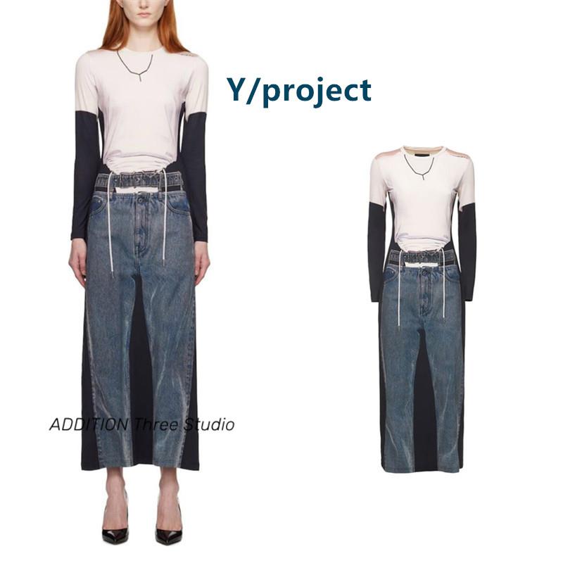 折扣 Y/Project 23新款圆领长袖错视效果印花长款T恤连衣裙女