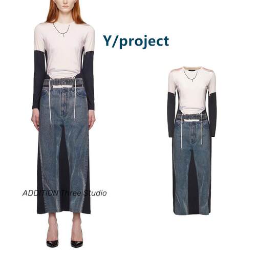 折扣 Y/Project 23新款圆领长袖错视效果印花长款T恤连衣裙女