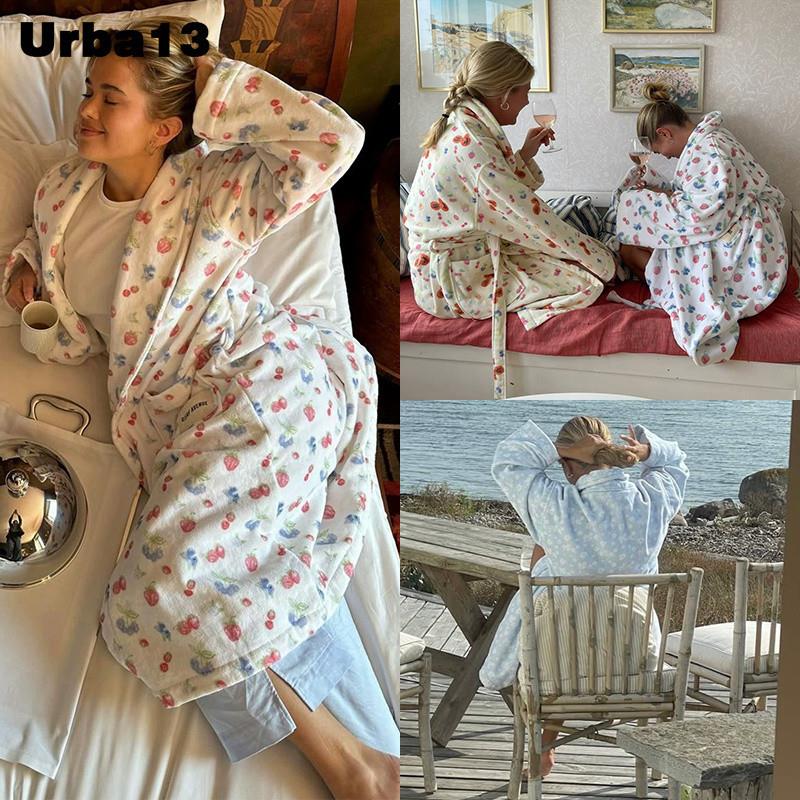 Urba13正品Djerf Avenue浴袍粉色莓果木瓜印花系带家居服睡袍