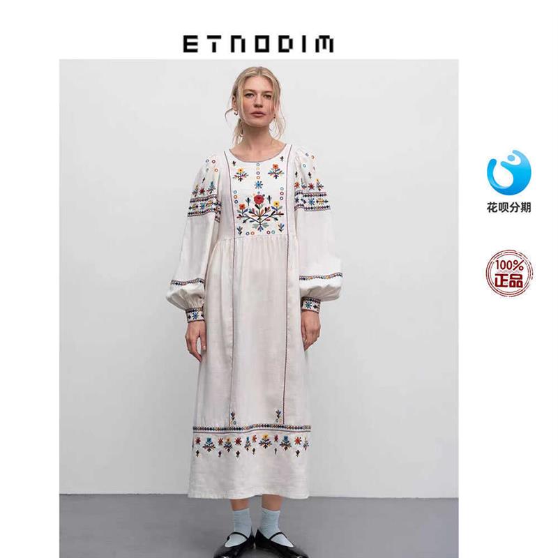 Etnodim 24春夏新款圆领花卉刺绣泡泡袖长袖连衣裙