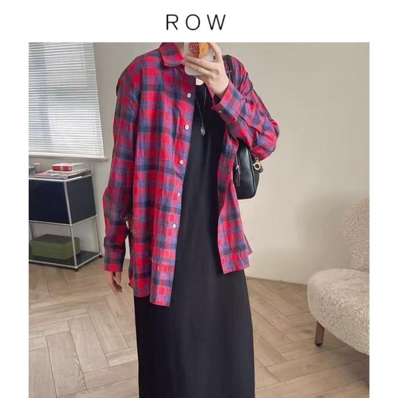 ROW 断码仅两件复古时髦红蓝格纹宽松百搭长袖衬衫