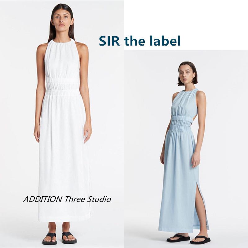 折扣 SIR the label 春夏款纯色圆领高腰交叉露背系带收腰连衣裙