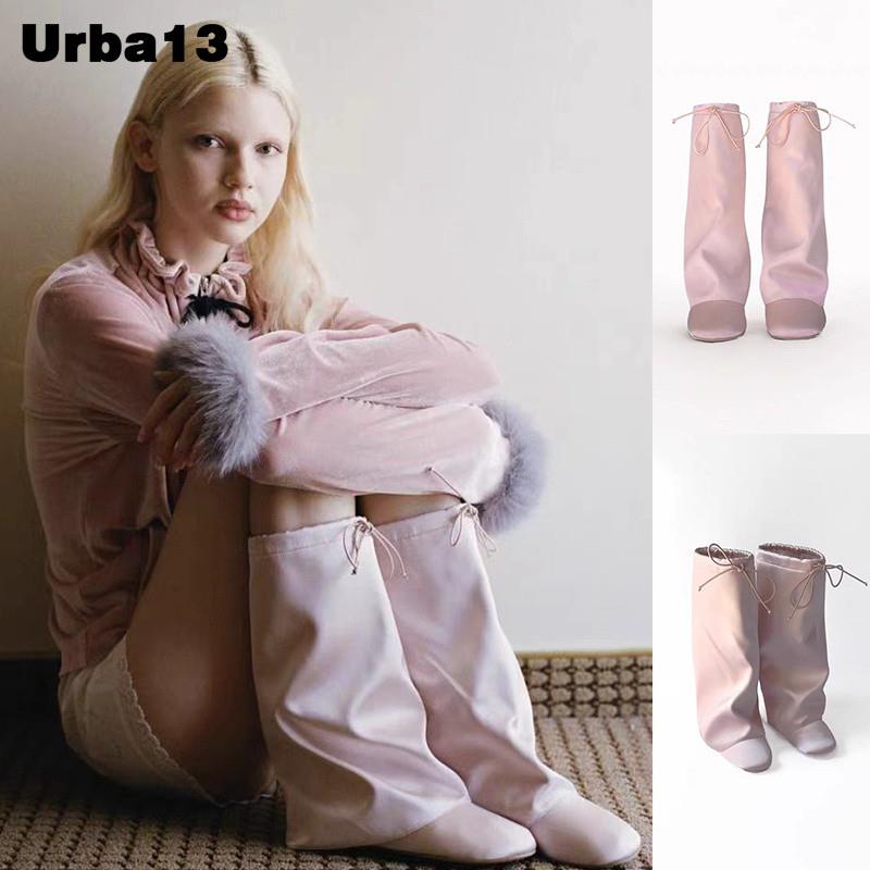 Urba13买手店正品praying复古辣妹粉色缎面芭蕾鞋系带高通平底靴