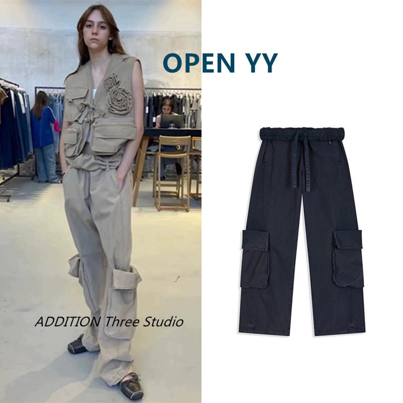 正品 OPEN YY 25春夏新款翻腰卷边抽绳宽松口袋工装阔腿休闲裤女