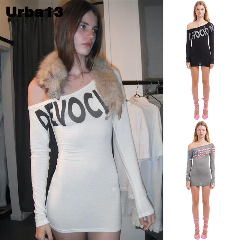 Urba13买手店现货正品NII HAI千禧风字母印花斜肩包臀短裙洋装