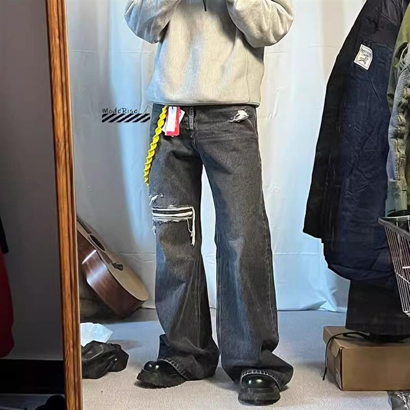 断码4折  复古水洗做旧破洞牛仔裤休闲直筒阔腿微喇长裤男女