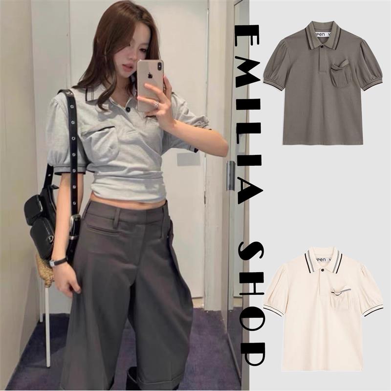 买手店韩国正品折扣现货OPEN YY上衣26早春新款翻领短袖条纹T恤女
