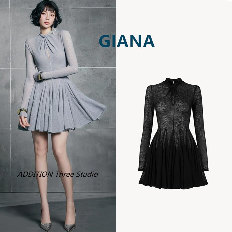 越南小众 GIANA 25春夏新款气质时尚针织弹力收腰长袖短款连衣裙
