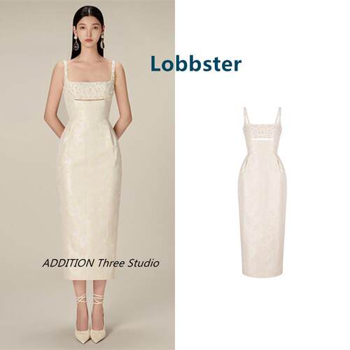 少现 Lobbster 23新品气质女神范纯色珠绣收腰修身显瘦吊带连衣裙