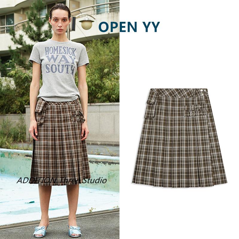 韩国 OPEN YY 25夏季新款高腰复古格纹学院风一片式百褶半身裙女