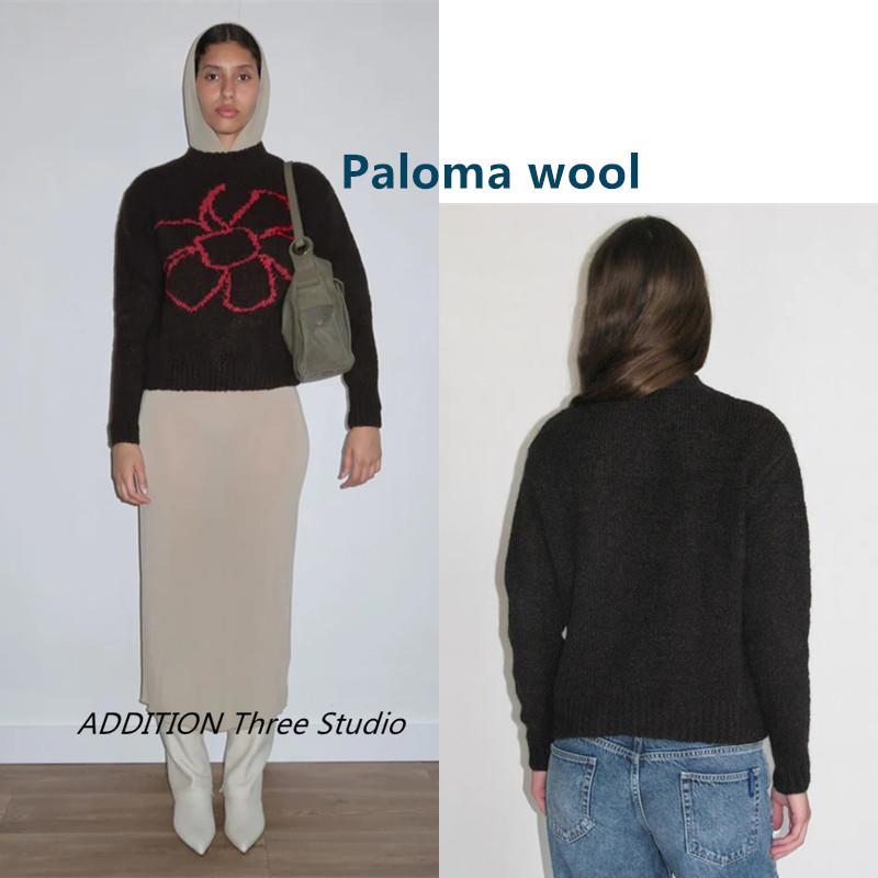 西班 Paloma wool 23秋冬新款圆领套头钩编花朵图案宽松长袖毛衣