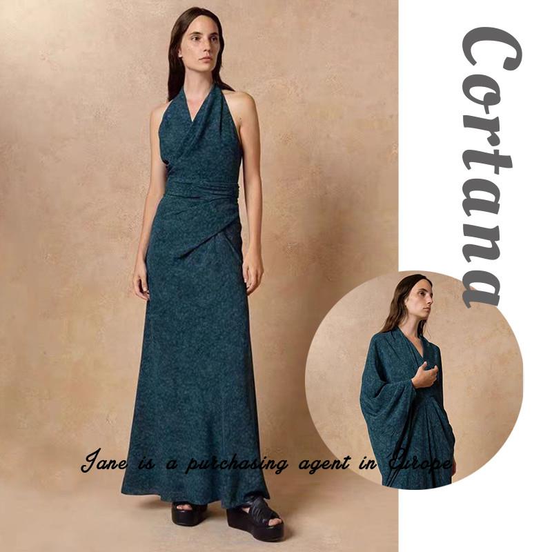 国现 西班牙直邮 波点一片式挂颈长裙圆点裹身系带洋装